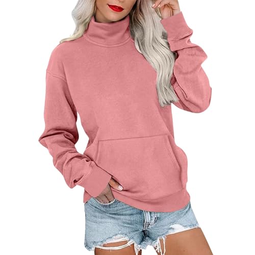 Sudaderas de cuello alto para mujer, estilo informal, de gran tamaño, de manga larga, color sólido, para deportes, correr, otoño, holgadas, cómodas, a la moda, con bolsillo, rosa, L