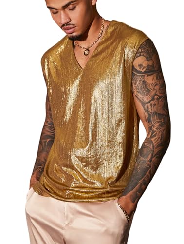OYOANGLE Men's Metallic V Neck Tank Top Disco Shiny Party Night Out Sleeveless Shirts Clubwear