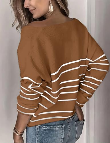 Women's Oversized V Neck Cute Striped Sweaters Fall 2024 Lightweight Cozy Ribbed Knit Long Sleeve Pullover Sweater2