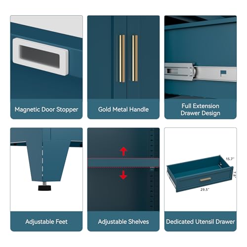 Image of COFaR 71 inch Pantry Cabinet with Drawer, Peacock Blue Storage Cabinet with Adjustable Shelves, 3-Section Modern Statement Cupboard for Kitchen & Bathroom