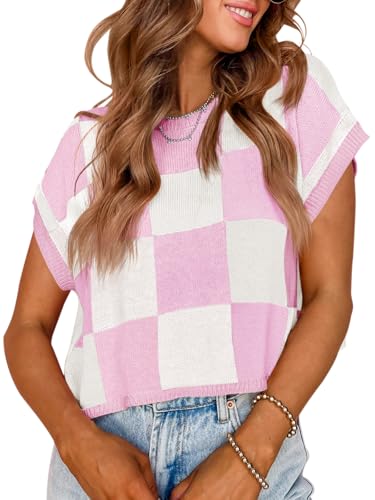Image of Saodimallsu Womens Cap Sleeve Crop Tops Summer Color Block Going Out Crew Neck Knit Trendy Casual Sweater