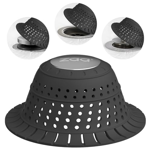 zaa Bathtub Drain Hair Catcher Silicone Collapsible 1 Pack Drain Protector for Pop-Up and Regular Drains of Shower Tub Bathroom Sink Charcoal Black