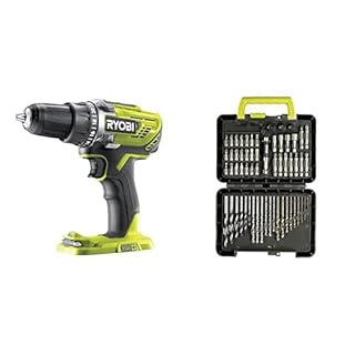 RYOBI - Perceuse-Visseuse 18V ONE+ - 50NM, 500-1800 tr/min, 2 Vitesses - Mandrin 13mm, LED, Poignée GripZone, Inverseur Rotation, Porte-embouts & Coffret 60 accessoires de perçage et de vissage