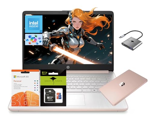 HP 14 Laptop, Quad-Core (Beat i3) 8GB RAM 256GB Storage(128GB UFS + 128GB SD Card) 1-Year Office 365 Copilot AI Computer for Student Study Back to School Win11 w/GM Accessory