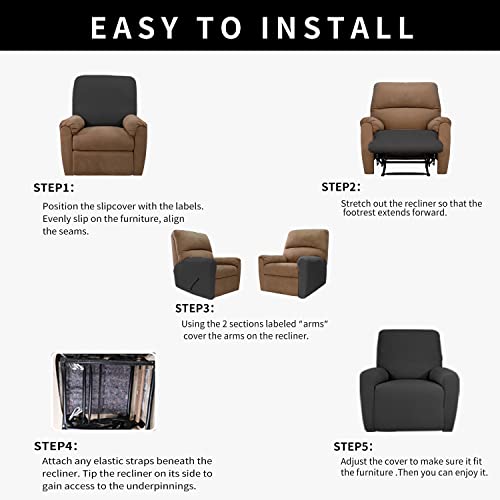 Image of Easy-Going 4 Pieces Waterproof Recliner Chair Slipcover Washable | Stretch Soft Couch Cover for Dogs, Sofa Slipcover for Recliner Couch Furniture Protector for Kids, Pets Dark Gray