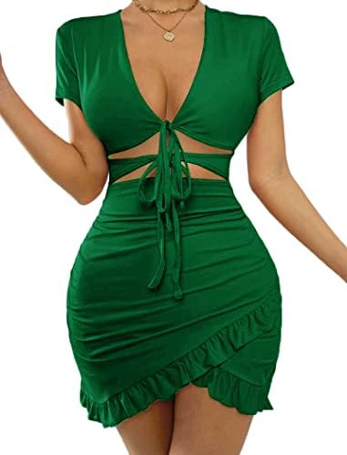 HOTOUCH Womens Short Sleeve V Neck Ruched Bodycon Midi Party Ruffle Trim Dress Green, X-Small