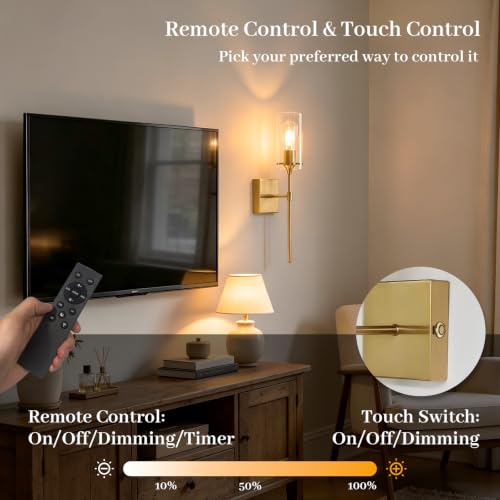 Image of Battery Operated Wall Sconce Set of 2,Dimmable 3 Colors,Gold | Rechargeable Wall Lights with 8000mAh Dimmable Bulbs and Remote, Wireless Wall Lamps for Bedroom Living Room Hallway Decor
