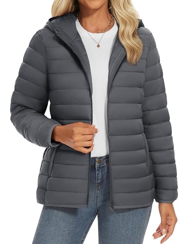 YUCOLEN Women's Puffer Jacket with Hood Lightweight Quilted Padded 4 Pockets Zip-up Coat Winter Jackets for Women DarkGrey XX-Large