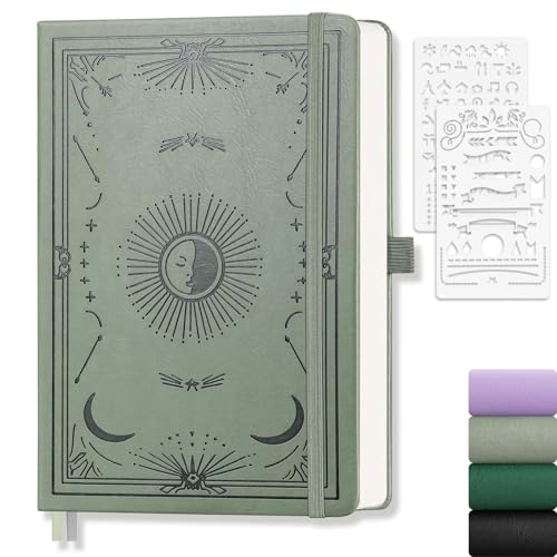 Carnet de croquis A5 soleil et lune en cuir vert clair avec 192 pages blanches pour le dessin