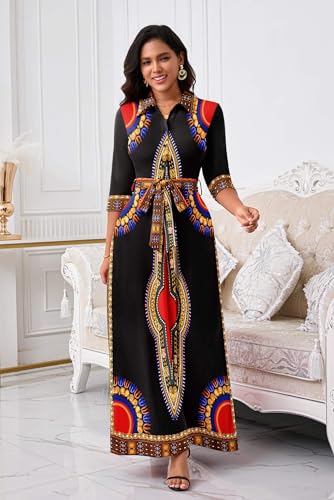 Image of Runwind Women Church Maxi Dresses 3 /4 Sleeve Button Down Print Casual Office Dress African