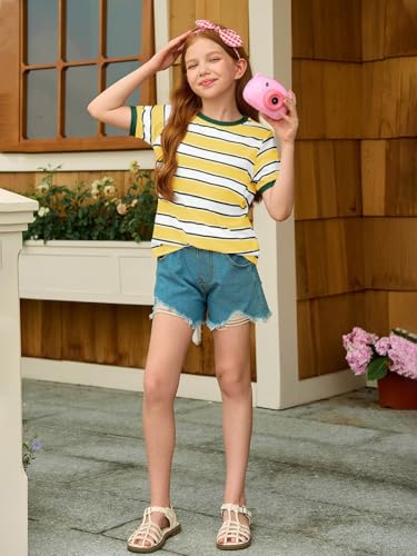 Image of Haloumoning Girls Striped Short Sleeve T Shirts Kids Summer Casual Tops Crewneck Tees Blouses 5-14Y