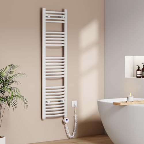 EMKE Radiador Toallero Eléctrico para Baño 140 x 40 cm, Radiador Curvado con Termostato, Calientatoallas Eléctrico, Soporte Toallero Eléctrico, Blanco, 500 Watts