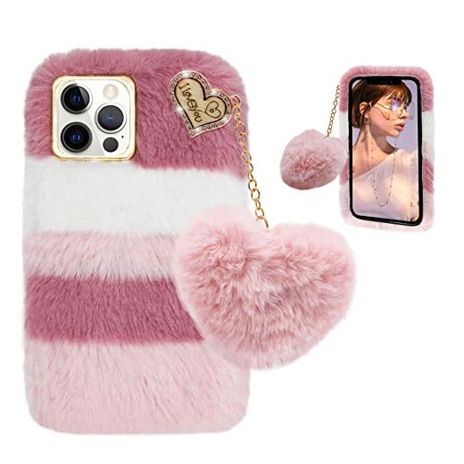 Girlyard Furry Case for iPod Touch 7 / iPod Touch 6 / iPod Touch 5, Soft Fluffy Plush Faux Fur Warm Shockproof Silicone Bumper Protective Cover with Cute Love Heart Hair Ball Pendant - Stitching Pink
