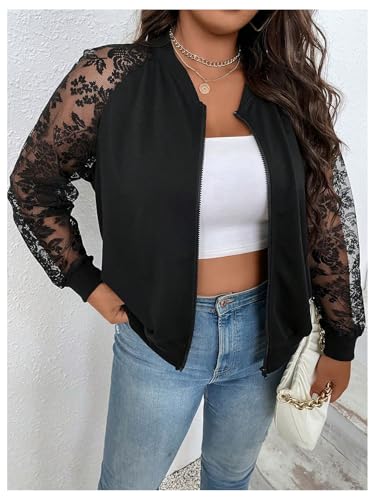 WDIRARA Women's Plus Size Lace Zip Up Bomber Jacket Mesh Long Sleeve Outerwear3