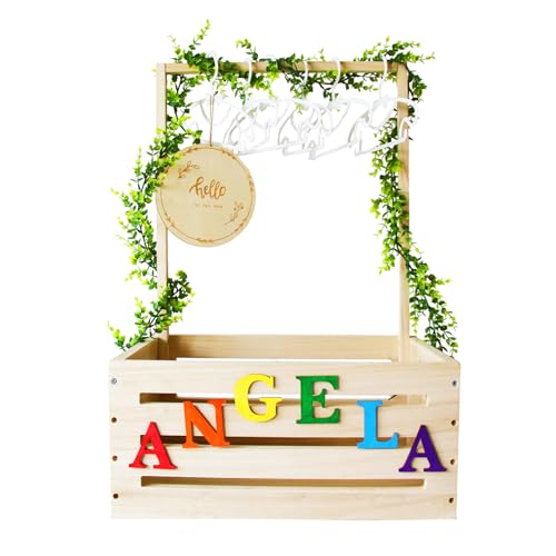 Image of Baby Shower Crate Closet Wooden Gift Basket for Girls Nursery Boy Welcome Box Storage Hamper with Handle Garland Clothes Racks 52 Letters Newborn Name Tag Color DIY, Large