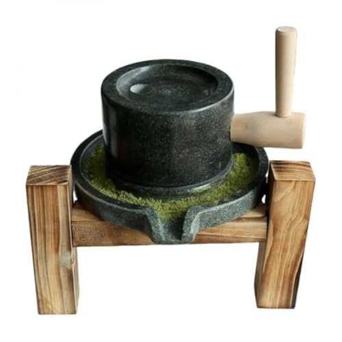 SLLS 手動石臼|茶道用茶臼・抹茶石臼|研磨碗|香料・茶・ハーブ・スパイス粉砕|木柄付き|家庭用・幼稚園・茶工芸教材対応|手作り調理・伝統工芸用 (石臼+木製セット)