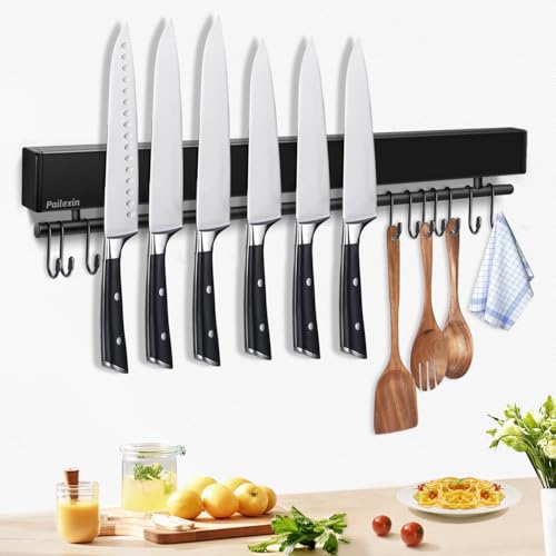 Pailexin 20 inch magnetic knife holder with 10 hooks, No Drilling black knife magnetic strip and utensil hanger for wall, Powerful knife magnet rack include tape and screws