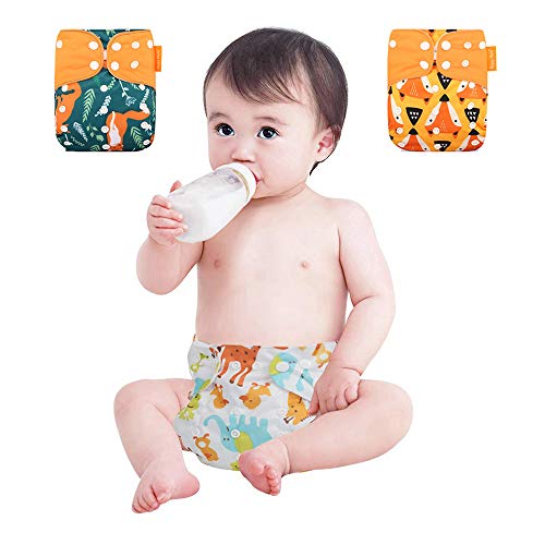Wenosda 4PCS Baby Cloth Diaper Pocket Nappies Washable Reusable Diapers Insert All-in-One Pocket Nappy for Most Babies and Toddlers (Orange Fox + Squirrel)