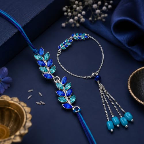 Image of Mahi Rakhi for Brother and Bhabhi with Studded Crystals and Tassels (PARCOL1105521PR)
