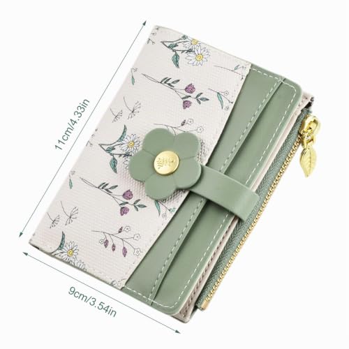 Kaslaider Portefeuille Femme Vert & Blanc, Porte Monnaie Femme avec 5 Emplacements Cartes 1 Slot Photo 1 Compartiment Billets 1 Pochette Monnaie Zippée, Porte-Cartes Motif Fleurs PU Cuir – vue 2