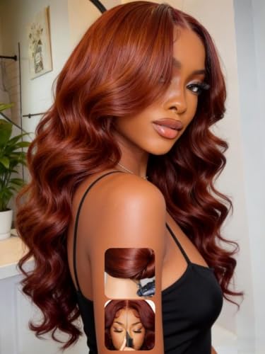 Image of KLAIYI Bye Bye Slip Reddish Brown Loose Body Wave Glueless Precut 7x5 Lace Front Wig Human Hair Drawstring Pre Plucked Bleached Knots 30S Ready to Wear and Go Wig Pre Everything Cooper Red Wig 16Inch