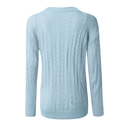 Women's Sweaters, Cable Knit Sweater Women Ropa De Invierno Para Mujer Oversize Sweatshirt Tunic Women's Autumn And Winter Fashion Solid Color Hollow V-Neck Long Sleeve Sweater (M, Blue) #TOP4
