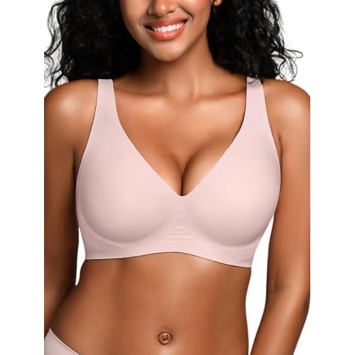 Jelly Bra for WomenDeep-V Jelly Seamless Bralette, Comfortable Padded T-Shirt Bra No Underwire Pink Large