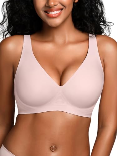 Image of Wireless Bras for Small Breasted Women - S-L Deep-V Jelly Seamless Bralette, Comfortable Padded T-Shirt Bra No Underwire Pink L