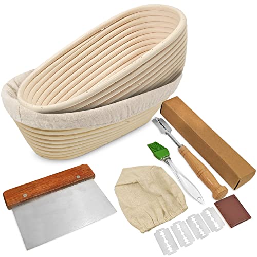 Lithos Bread Proofing Basket Set Of 2-10 Inch Oval Banneton Baskets Kit - Splinter-Free Rattan Bowl, Non-Stick, Cloth Liners & 4 Accessories - Gifts For Home Bakers #TOP5