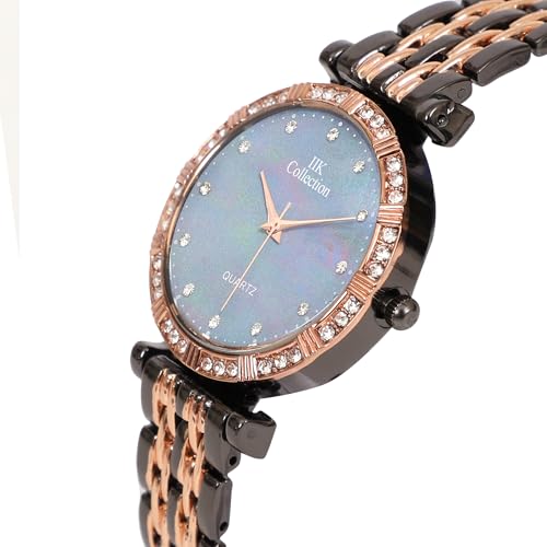 Image of IIK COLLECTION Watches for Women Round Studded Dial |Analogue Quartz Movemnet Ladies Watch|Long Battery Life|Stainless Steel Adjustable Bracelet Chain Strap|Double Lock Clasp Safety Watches for Girls