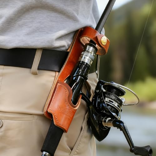 PineBay Brown Leather Fishing Rod Holster | Single Slot Belt Mount Carrier for Surf Fishing & Wading | Hands-Free Compatible with Fly Reels and Spinning Reels (Light-Brown)