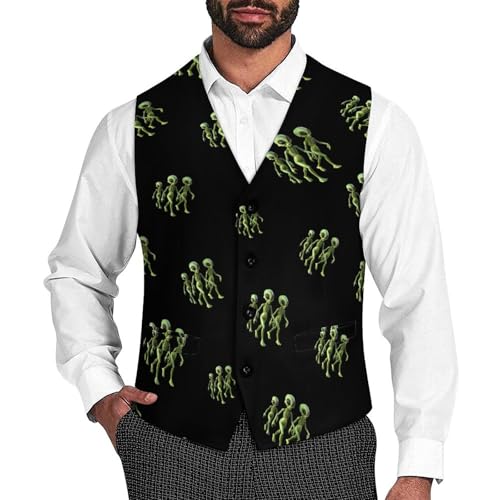Walking Green Aliens Men's Suit Vest Casual Formal Dress Vests Business Waistcoat