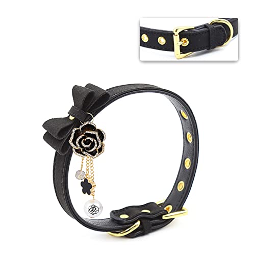 Leather Collar Necklace For Women With Bow Bell Kitty Cat And Delicate Tea Flower Pearl Pendant Choker For Ladies Black Pink Red (A1-Flower, A-Black) #TOP1