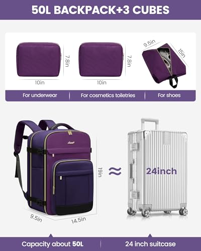 Image of LOVEVOOK 50L Travel Backpack for Women & Men - 18 Inch Carry On Backpack & Personal Item Backpack for Airlines, Spacious and Durable Design, with 3 Packing Cubes