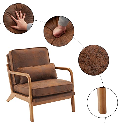 Image of Karl home Accent Chair Mid-Century Modern Chair with Pillow Bronzing Cloth Upholstered Lounge Arm Chair with Solid Wood Frame & Soft Cushion for Living Room, Bedroom, Balcony, Brown