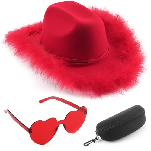 Image of DRESHOW Cowboy Hat for Women and Men Wide Brim Western Cowboy Cowgirl Hat with Belt Buckle Unisex Rolled up Caps