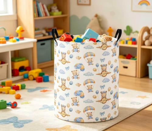 Image of Baby Laundry Basket Baby Nursery Hamper Kids Laundry Basket Toy Storage Bin for Boys Room Decor Gift Baskets for Bedroom Bathroom(Bear Pilot)