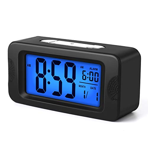 Digital Alarm Clocks - Plumeet Kids Clock Light Up All Night, 4'' LCD Display Showing Time Alarm Date - Bedside Clocks with Snooze for Bedroom Kitchen Office Battery Operated (Black)