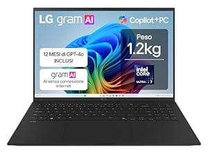 LG Gram AI 16Z90TL Copilot+ PC, Notebook 16 Zoll (2, 5 cm), Intel Core Ultra 7 (Serie 2) 256 V, 16 GB RAM, 512 GB SSD, AI PC, Ultraleicht nur 1, 2 kg, Akku 77 Wh, Windows 11 Home, italienische Tastatur