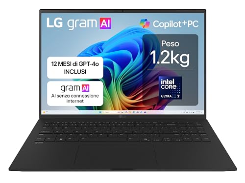 LG gram AI 16Z90TL Copilot+ PC, Notebook 16' 2.5K, Intel Core Ultra 7 (Serie 2) 256V, 16GB RAM, 512GB SSD, AI PC, Ultraleggero solo 1.2 kg, Batteria 77Wh, Windows 11 Home, Tastiera italiana, Nero