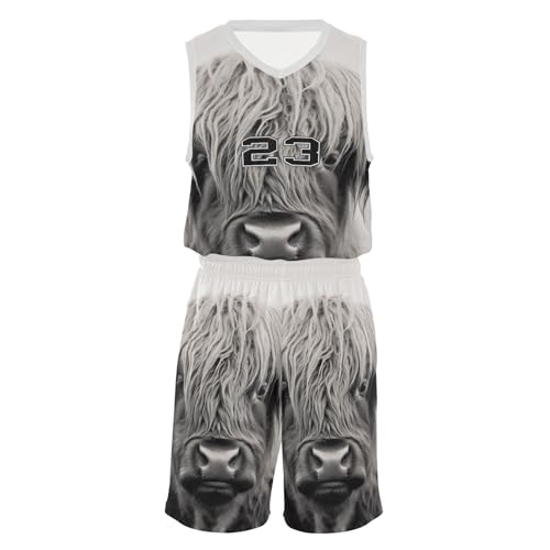 FLildon Highland Cow Boys Basketball Jersey Set Tank Top Shorts Tracksuit Sport Training Suit for Kids, XXL