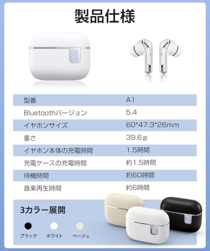 ワイヤレスイヤホン 【2026新登場・最大60時間再生】 イヤホン bluetooth 5.4 カナル型 小型 軽量 無線 IPX7 防水 マイク付き ノイズキャンセリング Type-C 充電式 大容量バッテリー LEDディスプレイ搭載 片耳 両耳対応 耳ふさがない IOS/Android/PC 広い互換性 スポーツ 運動 ビジネス 通勤通学 ゲーム 商品画像8