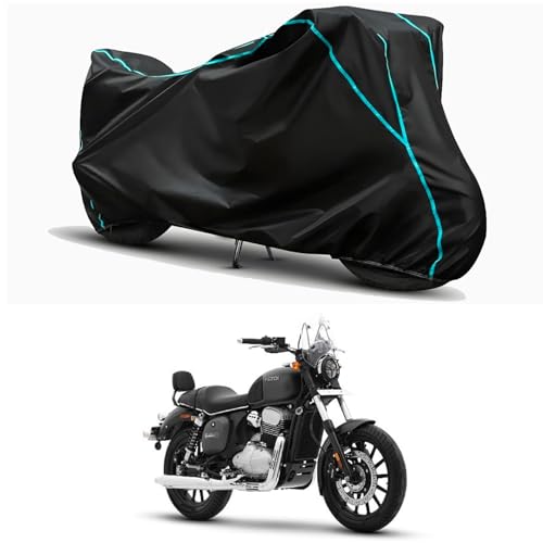 Image of Waterproof Bike Body Cover Compatible for | Yezdi Roadster Smoke | Taffeta Fabric, Sky Piping Design, Bottom Elastic Fit | Dustproof, Sun UV & Rain Protection for All Weather.