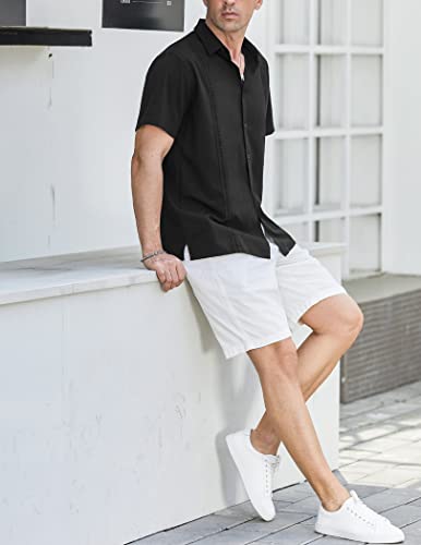 Coofandy Men'S Regular-Fit Short-Sleeve Solid Cotton Shirt Casual Button Down Beach Shirt A-Black thumb #2