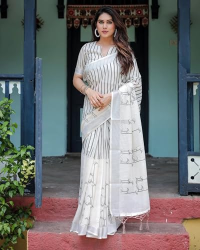 Image of RAJESHWAR FASHION WITH RF Women's Lime Green Floral Print Linen Cotton Saree with Contrast Pallu, Tassel Border, Traditional Summer Festive with Blouse Piece