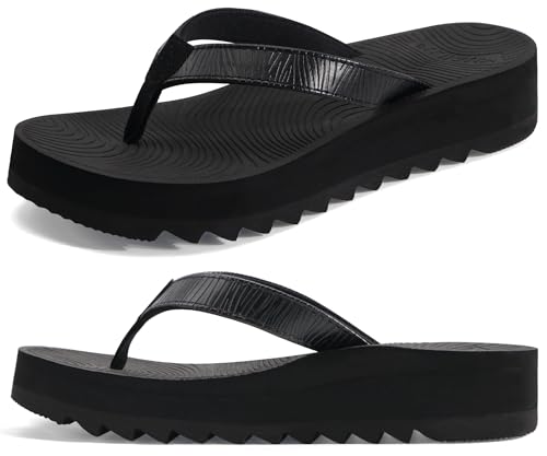 KuaiLu Chanclas Mujer Moda Plataforma Ligero Yoga Mat Flip Flops Dressy Verano Playa Tanga Sandalias Suave Cómodas Cushión, Negro EU 38