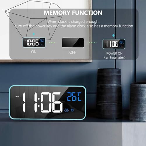 Image of Digital Alarm Clock with Large LED Display Mirror with Temperature Indicator Dual Alarm, Snooze, 4 Degrees Brightness Adjustment, 13 Music Settings, USB Connection, Bedroom