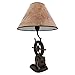 DWK Captain's Destiny: Nautical Ship's Wheel Resin Table Lamp with Anchor Print Fabric Shade for Coastal, Beach or Pirate Themed Bedroom Decor, 19 Inches High