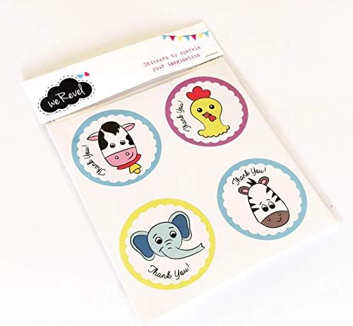 weRevel Paper Jungle Theme Thank You Party Stickers, 40 Count, 2 Inches, Round, 20 Unique Designs, Self Adhesive