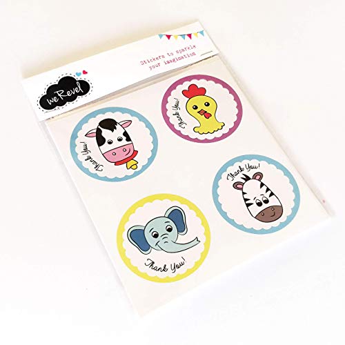 weRevel Paper Jungle Theme Thank You Party Stickers, 40 Count, 2 Inches, Round, 20 Unique Designs, Self Adhesive